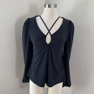 Express Womens Medium Black Long Sleeve Blouse Strappy Keyhole Neck Stretch Top